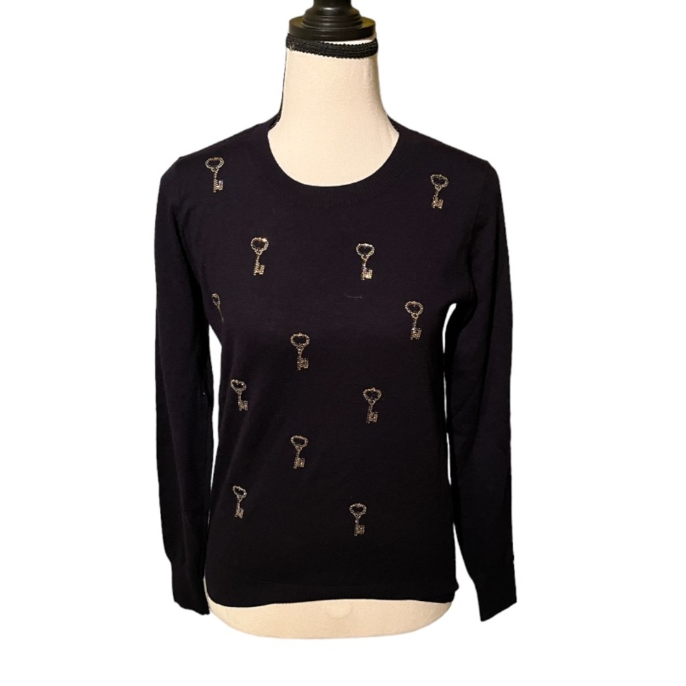 Major Key Bedazzled Jewel Key Navy Blue Sweater Fitted Lightweight Small S